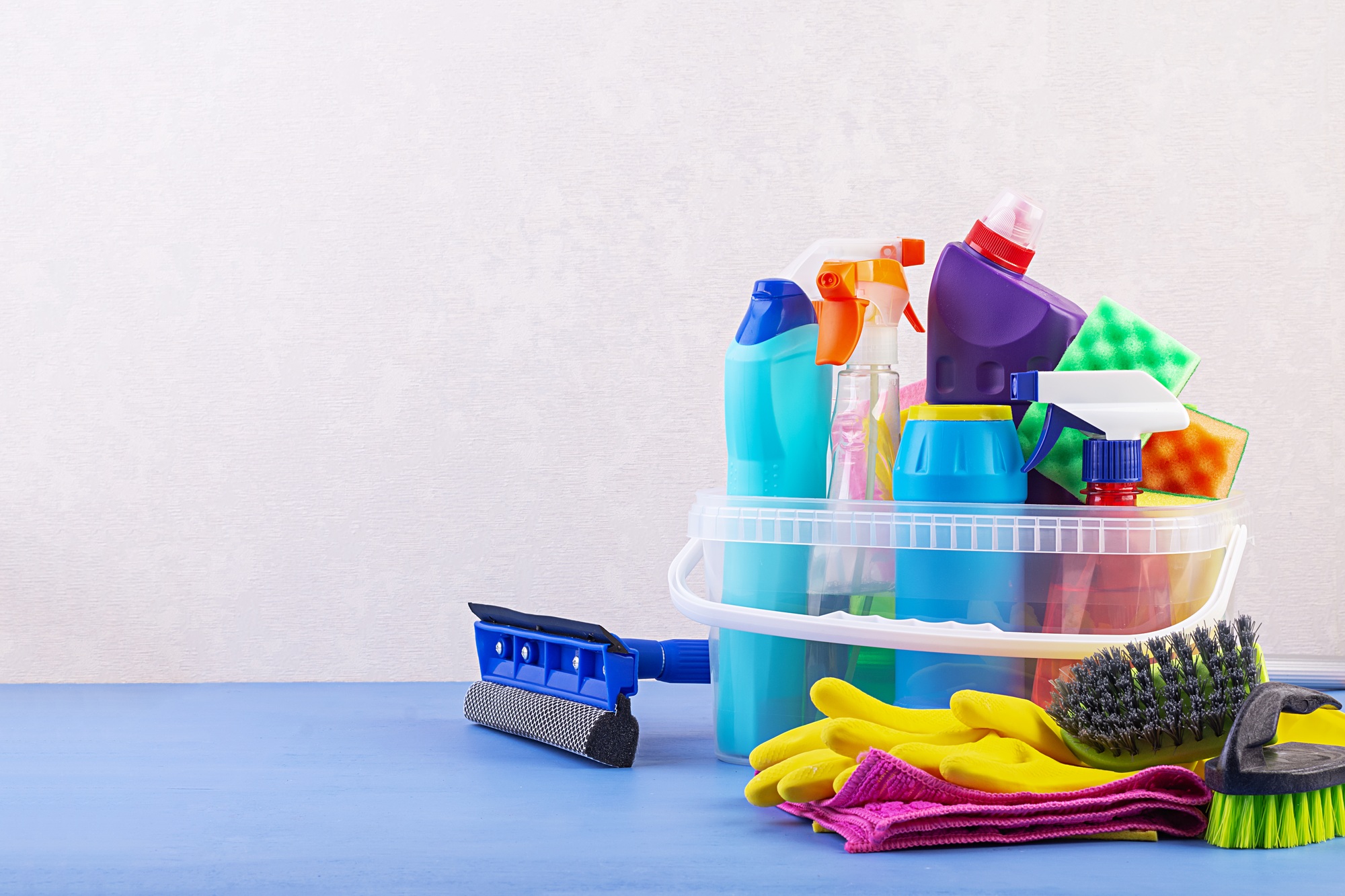 Cleaning service concept. Colorful cleaning set